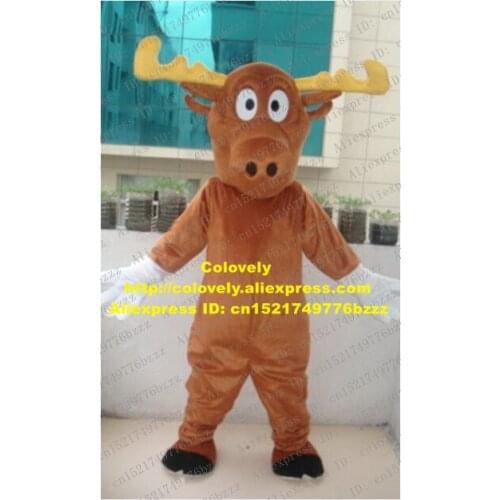 Cute Brown Moose Alces Elk Mascot Costume Mascotte Reindeer Caribou Deer Adult With Long Yellow Horns Big Eyes No.1074 Free Ship