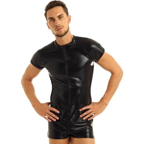 Men Latex Bodyssuit Patent Leather Short Sleeves Front Zippered Bulge Pouch Lingerie Leotard Bodysuit with Mesh Side Sex Costume