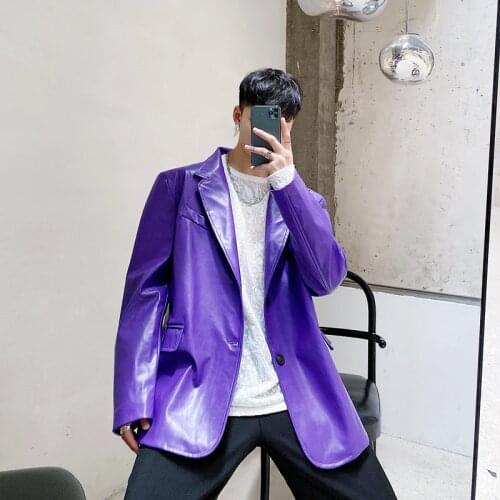 Mens Fashion Lapel Loose Faux Leather Suit Coats Youth Party Shine Blazers Jacket Purple Green