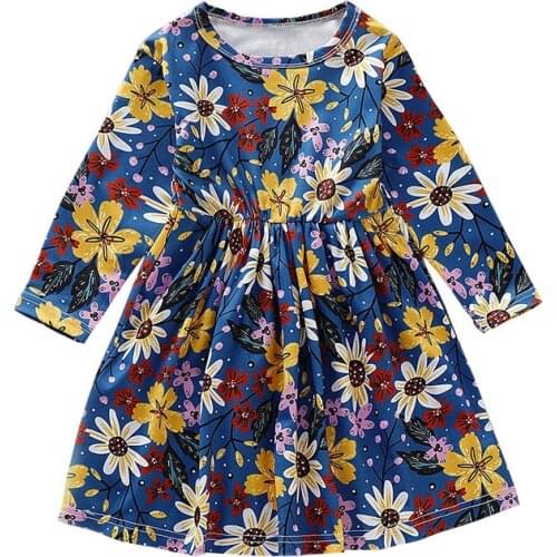2-7 Years Little Girls Flower Print Dress Long Sleeve Cotton A-Line Maple Leaf Plant Draped Princess Vestidos Girls Casual Dress