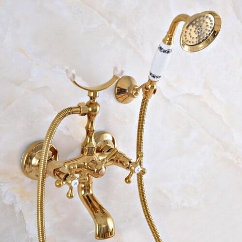 Luxury Golden Brass Double Handle Wall Mounted Bathroom Bath Tub Faucet Set with 1.5M Hand Held Shower Spray Mixer Tap 2na919