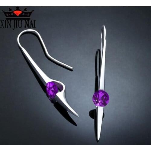 925 sterling silver Single Zirconia Earrings Charm Purple Green Stone Bar green purple zircon Earrings Wedding Jewelry For Women