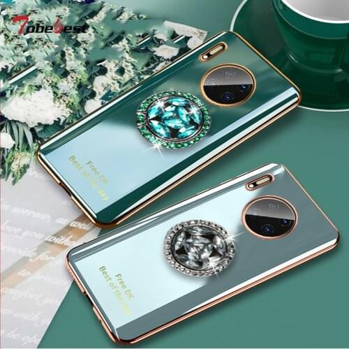 360 Diamond Finger Ring Plating Silicone Case For Huawei Mate 40 30 20 Lite Pro Coque Stand phone holder Soft TPU Cover
