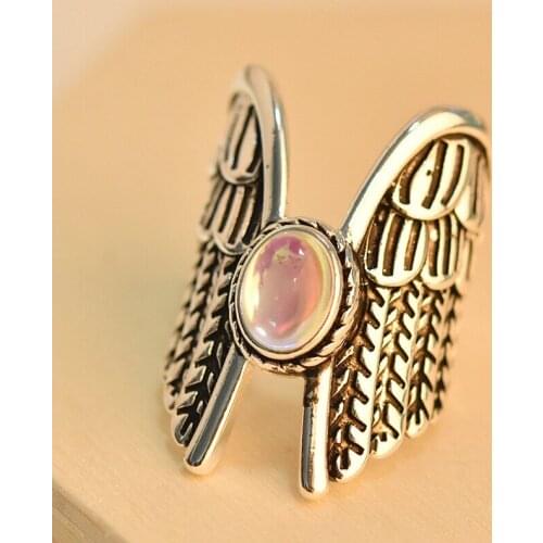 Vintage Punk Angel Wings Rings With Moonstone Fashion European American Style Jewelry For Women Cocktail Party Statement Gifts