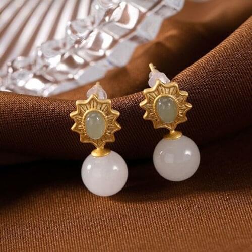 Silver inlaid natural Hetian Sapphire Round Bead Earrings Chinese style retro minority design charm womens brand jewelry