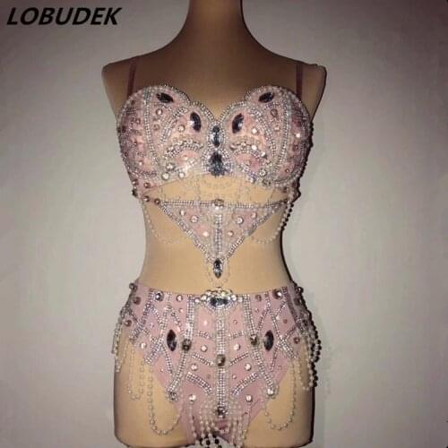 Women Pole Dancing Full Rhinestones Beads Bikini Dance Outfit Sexy Bar Club Party Stage Wear DJ Singer Dance Team Show Costume