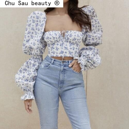 New Fashion Summer Casual Chic Vintage Floral Print Crop Tops Women Holiday Style Long Sleeve Short Shirts Female Camisa