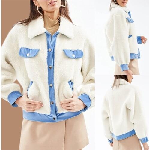 Winter Casual Fashion Jacket Two-Color Stitching Loose Lapel Long Sleeve Cardigan Warm Top