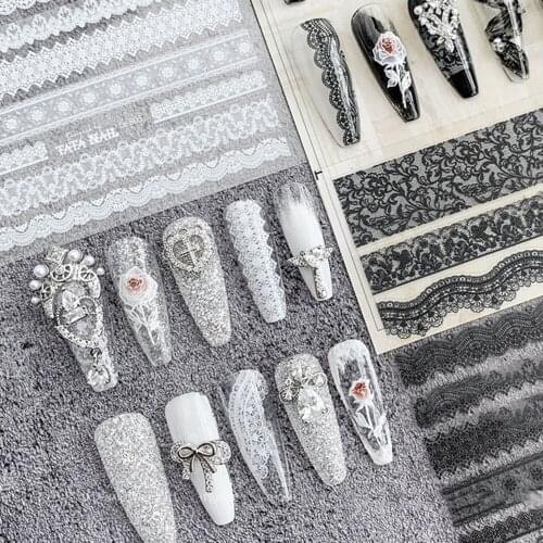 1Pc Japanese Simple Stitching Lace Nail Stickers Rectangle Round Shape Lace Nail Decals Bride Wedding Nail Art
