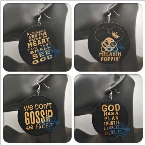 Free shipping! Round Engraved Wooden God Earrings