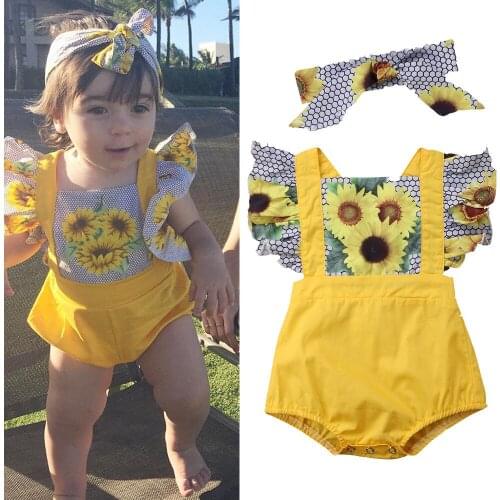 Newborn Kid Baby Girls Sunflower Bodysuit Bowknot Headband Short Sleeve Jumpsuit Set Sunsuit Outfit