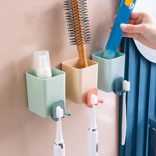 Toothbrush Holder 2-in-1 Wall Mounted PP Makeup Toothpaste Holder for Bathroom
