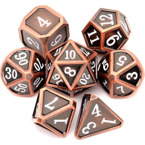 Haxtec Metal DND Dice Set W/ Gift Metal Box Polyhedral Dice Set for RPG Games- Fine Antique Copper White Numbers