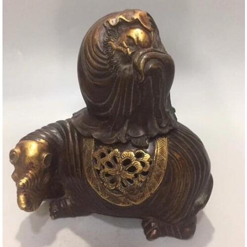 Collection Chinese Pure Copper Golden Damo Buddha Statue Incnese Burner Rhinoceros Censer Wealth Fengshui Decoration