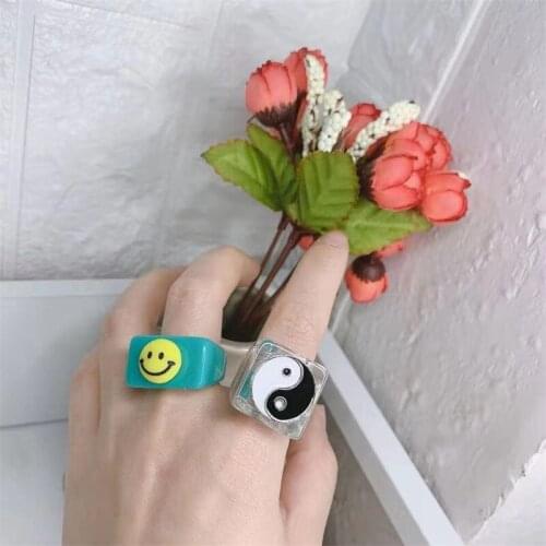 Smiley Face Resin Rings Black White Dripping Oil Acrylic Colorful Rings For Women Finger Jewelry Korea 2021 New Girls Gifts 반지