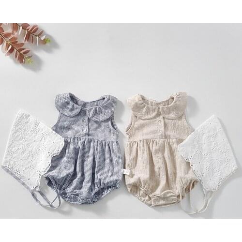 Summer New Infant Girls Bodysuits Baby Cotton Sleeveless Clothes Baby Grid Clothes Baby Bodysuit and Hat Set Baby Girl Bodysuits