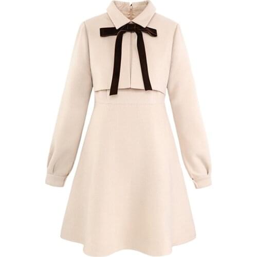 PERHAPS U Beige Turn Down Collar Long Sleeve Bow Mini Short Dress Winter Zipper Elegant Autumn D0896