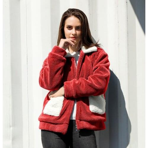 Fashion Turn Down Collar Lambwool Fur Coat Women Winter Warm Soft Zipper Fur Jacket Female Plush Overcoat Casual Pocket Outwear