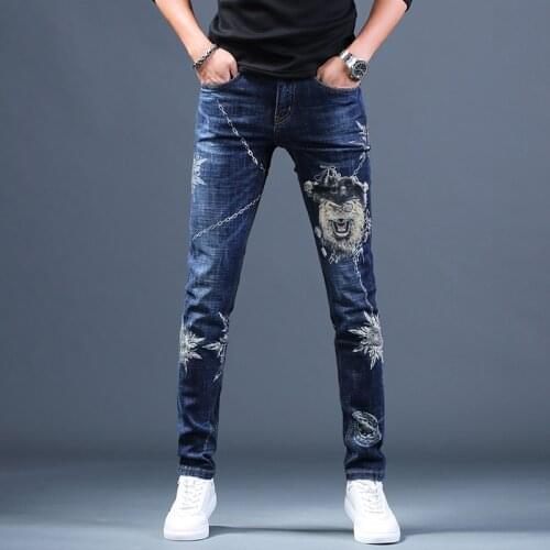 Free Shipping New Male fashion mens jeans Printed Hole Jeans Casual Pants 2019 Autumn Korean Trend trousers
