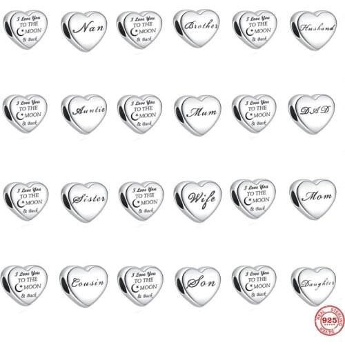 New Original 925 Silver Mom Dad Heart-shaped Pendant Family Bead Son Charm Suitable For Pandora Bracelet Small Jewelry Lady DIY