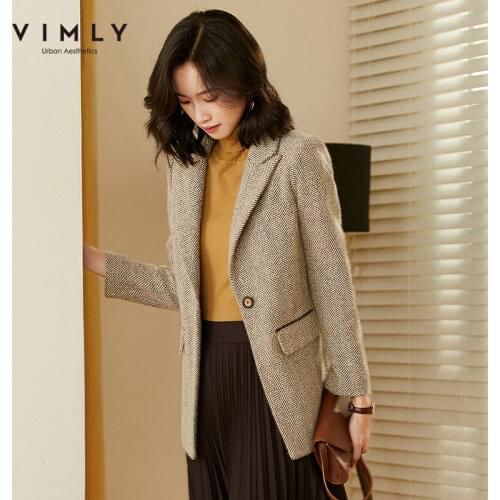 Vimly Womens Blazer 2020 Fashion Striped Notched Single Button Wool Jacket Office Ladies Work Wear Coats Female Outwear F3136
