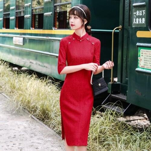 Sexy Red Women Lace Chinese Traditional Dress Elegant Pearl Button Cheongsam Flower Oversize 3XL Qipao Party Prom Vestidos Gown