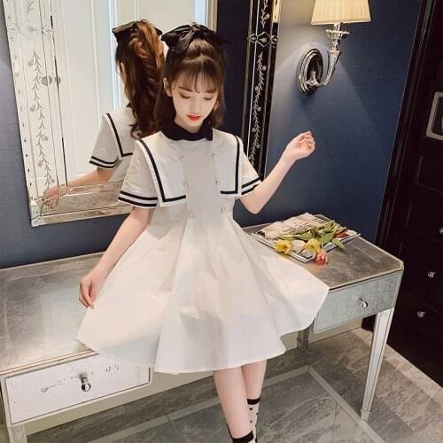 Teen Baby Princess Dresses Big Kids Stand-up Collar College Style Dress Girls Summer Short-sleeved White Cotton Dress