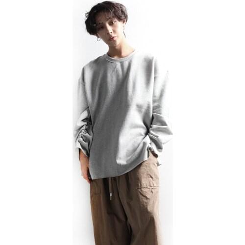 Casual mens T-shirt versatile wash pleated loose round neck long sleeve T-shirt personality large size top