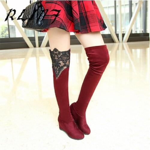 RLINF Over The Knee Sexy High Heel Thin Elastic Internal Increase with Frosted Lace High Boots Womens Boots