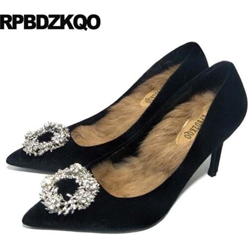 Rhinestone velvet modern ladies big size wedding crystal pumps black pink shoes stiletto diamond pointed toe fur high heels