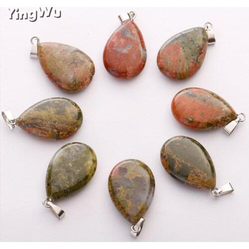 Yingwu Wholesale 8 Pcs Water Drop Shape Natural Unakite Stone Pendant 18*25mm DIY Fit Necklaces For Jewelry Making