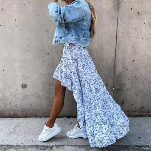 Spring Summer Women Skirt Irregular Floral Print High Waist Long Skirt for Office Summer Vintage Ladies Beach Sexy Wrap Skirt