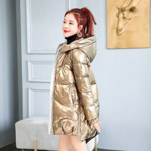 Womens Cotton-Padded Clothes 2021 New Winter Long Fashion Loose Bright Leather Hooded Cotton Jacket 3XL Ropa De Invierno Mujer