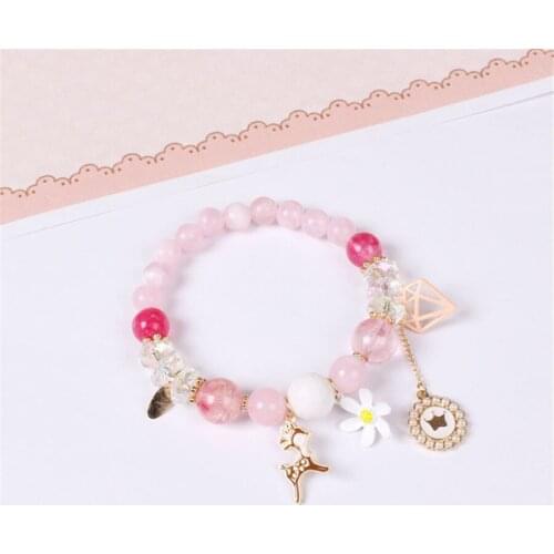 Sweet Deer Daisy Flower Pendant Charm Bracelet Crystal Beads Bracelets for Women D399