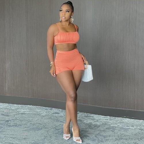 Solid Draped Spliced 2 Piece Sets Women Summer Backless Spaghetti Strap Crop Top and Bodycon Clubwear Shorts Female Tracksuits