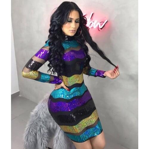 Lemon Gina Sequined Striped Mesh Spring Winter Women sexy Dresses Bandage Fashion Casual bodycon party club Mini dress vestidos