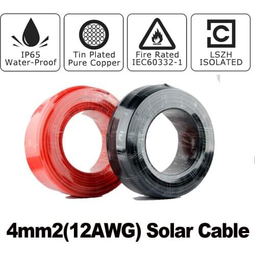 100 Meters/Roll 4mm2 (12AWG) Solar Cable Red or Black PV Cable Wire Copper Conductor CE TUV Certifiction