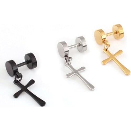 2 Piece To Sell Whole Titanium Steel color Black Golden Cross Trendy Cool Men Stud Earrings For Men Dress pierced earring