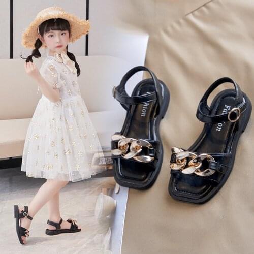 2021 Beach Child Shoes Summer Kids Princess Shoes For Big Girl Fashion Metal Chain Sandals Little Girl Sports Sandals 3-12 Year