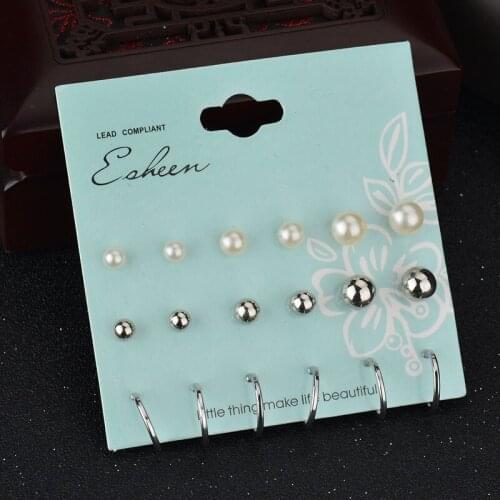9 Pairs Korean Fashion Simple Round Metal Beads Pearl Hoop Stud Earrings Set for Women Girls Kids Ear Jewelry Gift Wholesale