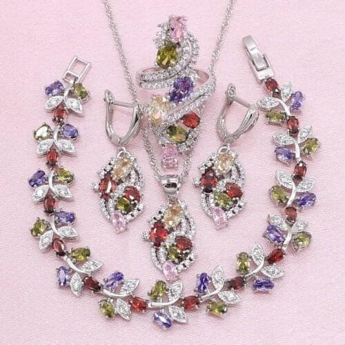 925 Silver Jewelry Sets For Women New Arrivals Multicolor Cubic Zirconia Bracelet Earrings Necklace Ring Wedding Christmas Gift