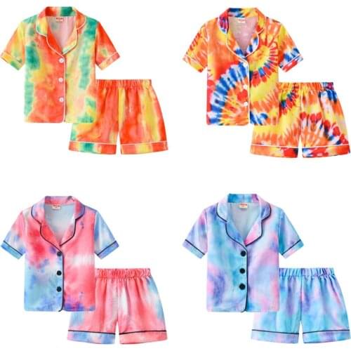 Kids Children Satin Sleepwear Baby Pajamas Sets Boys Girls Tie-Dye Printed Short-Sleeved Shorts Pyjamas Cotton Nightwear Clothes