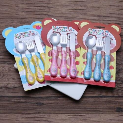 Hot Sales Baby Kawaii Cartoon 3 Pieces Stainless Steel Coffee Desert Spoon Fork Knife Set Children Gift Spoon Set
