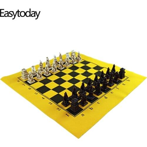 Easytoday Chess Game Set Resin Chess Pieces Synthetic Leather Flannel Chessboard Terracotta Model Table Entertainment Games Gift
