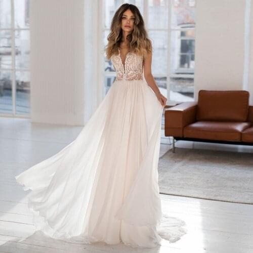 Elegant Sheer V-neck A-line Wedding Gowns 2021 Sweep Train Applique Sleeveless Chiffon Bridal Dresses Costom Made