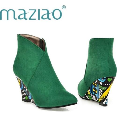 Elegant Wedges Women Ankle Boots High Heels Flock Winter Boots Solid Pointed Toe Shoes Woman Botas Mujer Plus Size 34-43 MAZIAO