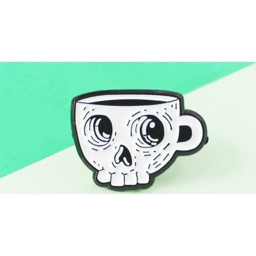 Gothic White Coffee Cup Skull Brooch Cartoon Skeleton Skull Cup Enamel Brooches Badge Lapel Pins Halloween Jewelry