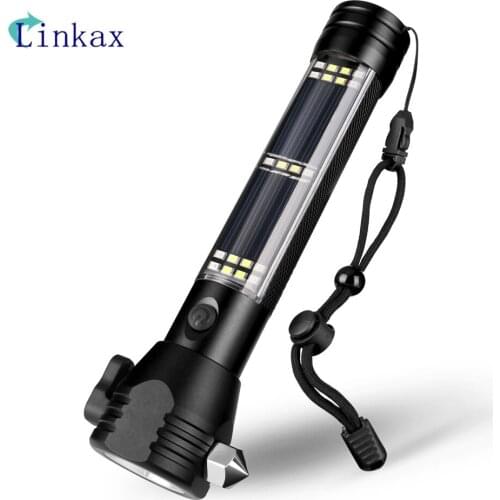 Solar Power Flashlight Multi-function Solar Escape Rescue Flashlight With Emergence Safety Hammer Compass Magnet Power Bank SOS