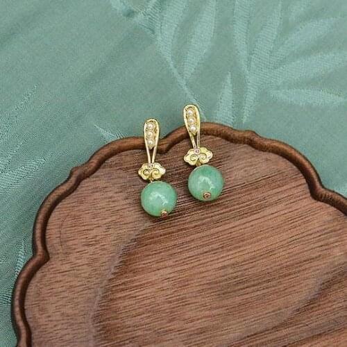 Jinyi Natural Emerald Jade Ruyi Chinese Style Earrings 925 Sterling Silver Eardrops Classical Palace Style Gorgeous Earrings
