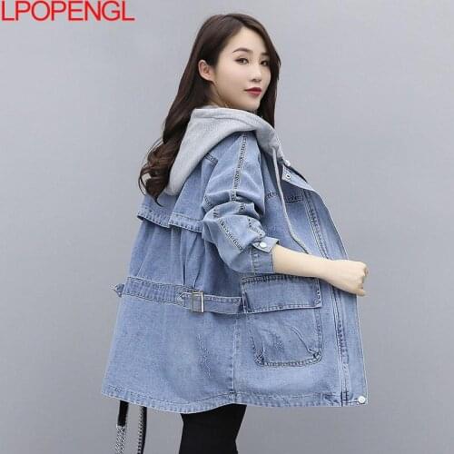 2021 New Hooded Denim Jacket Women Mid-length Patchwork Student Korean Loose Bf Windbreaker Female Oversized Jean Coats Clothes